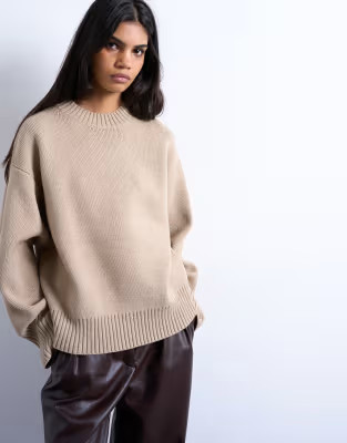 Topshop chunky knit clean crew neck sweater in oat | ASOS (Global)