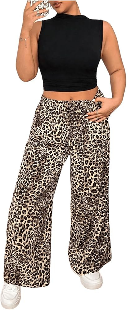WDIRARA Women's Plus Size Leopard Print Pants Elastic High Waist Trousers with Pockets | Amazon (US)