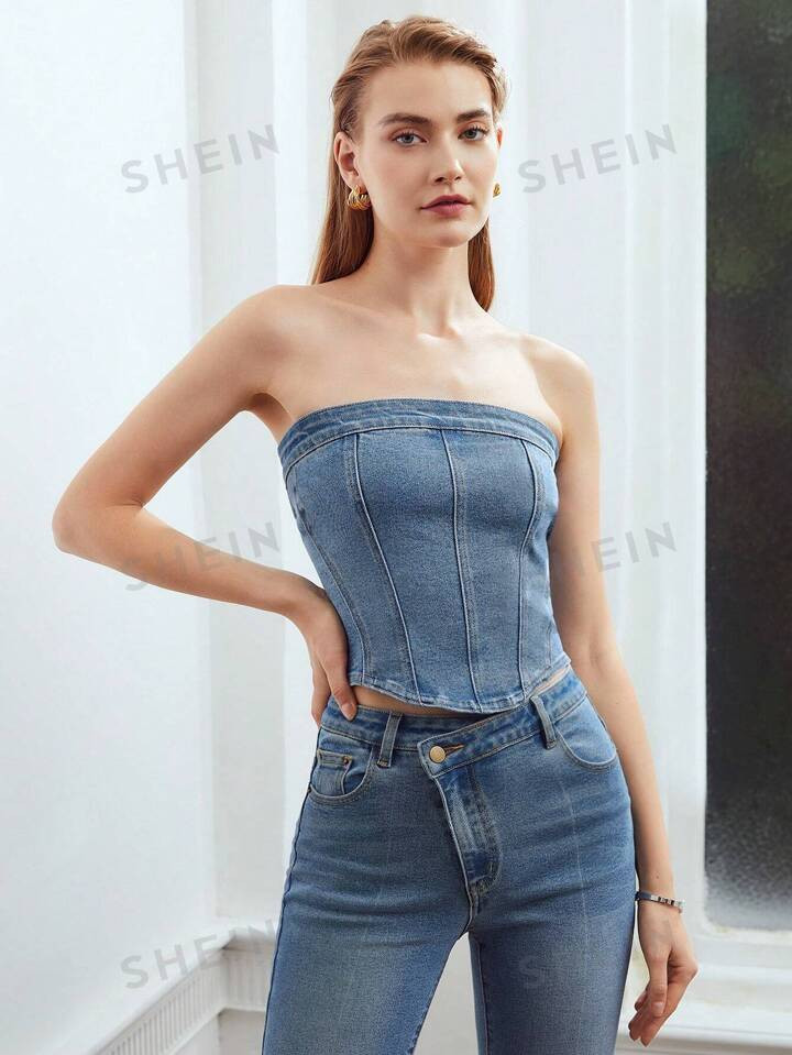 MOTF PREMIUM DENIM TUBE TOP | SHEIN