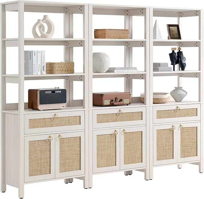 SICOTAS White Bookshelf with Drawer and Doors, Rattan Bookshelf with Round Gold Handle, 3 Tier Sh... | Amazon (US)