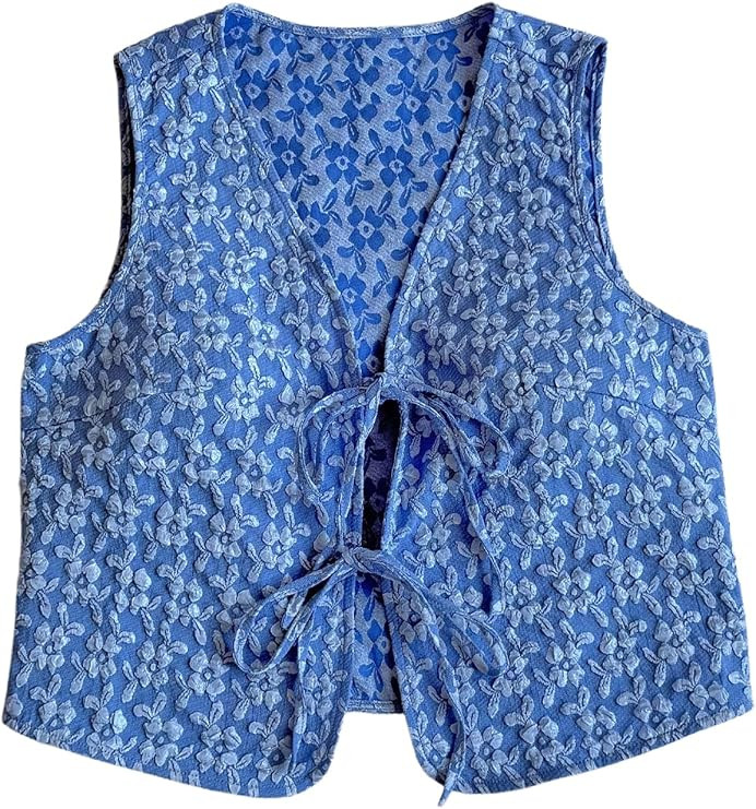 SHENHE Women's Tie Front Textured Floral Tank Top V Neck Sleeveless Casual Boho Vest | Amazon (US)