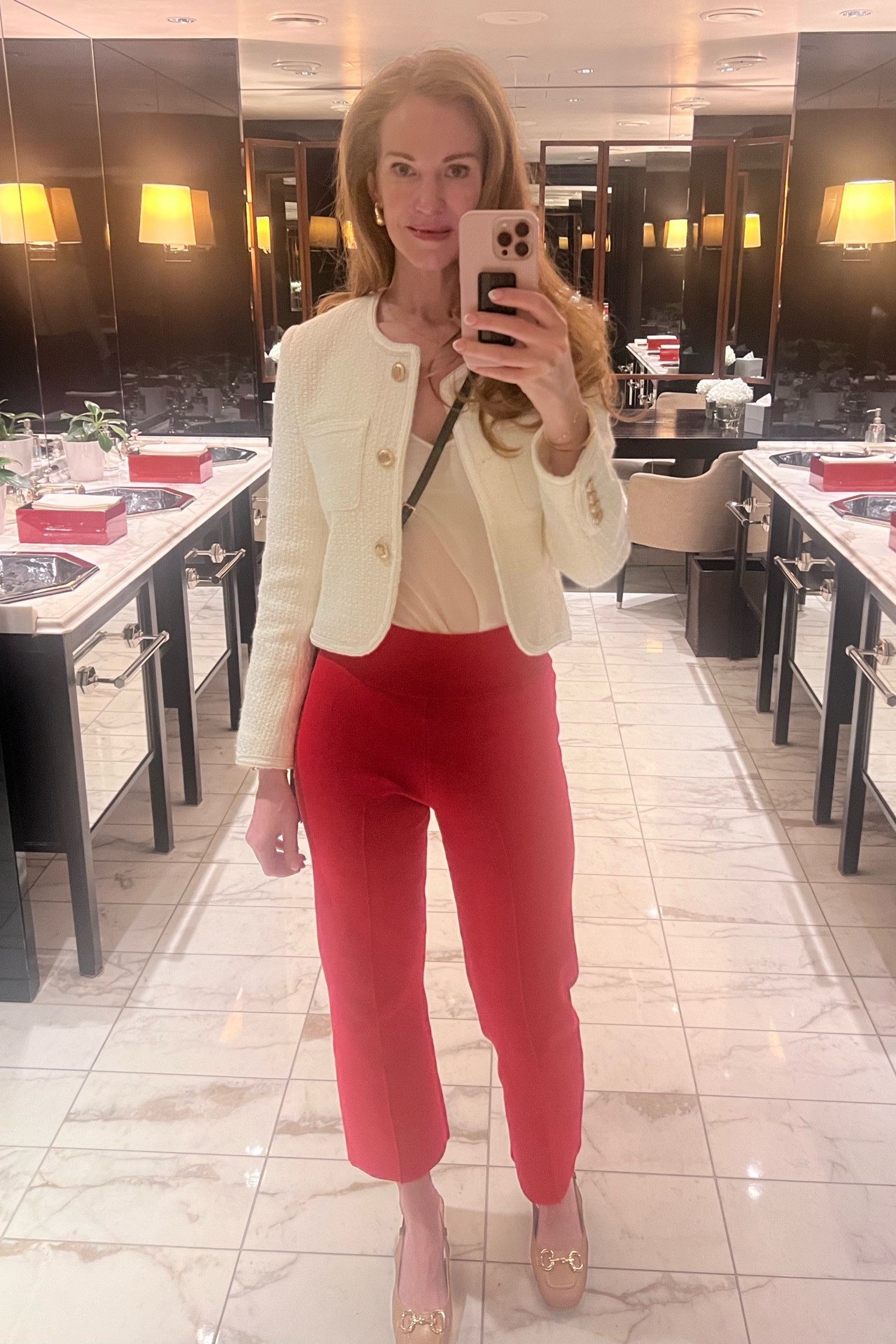 When your outfit matches the bathroom decor it demands a mirror selfie! 
This lady coat for Amazon is soooo good!! Amazing quality and looks really high end. These knit red pants from J.Crew feel like loungewear but look so polished! 

#LTKstyletip #LTKeurope #LTKover40