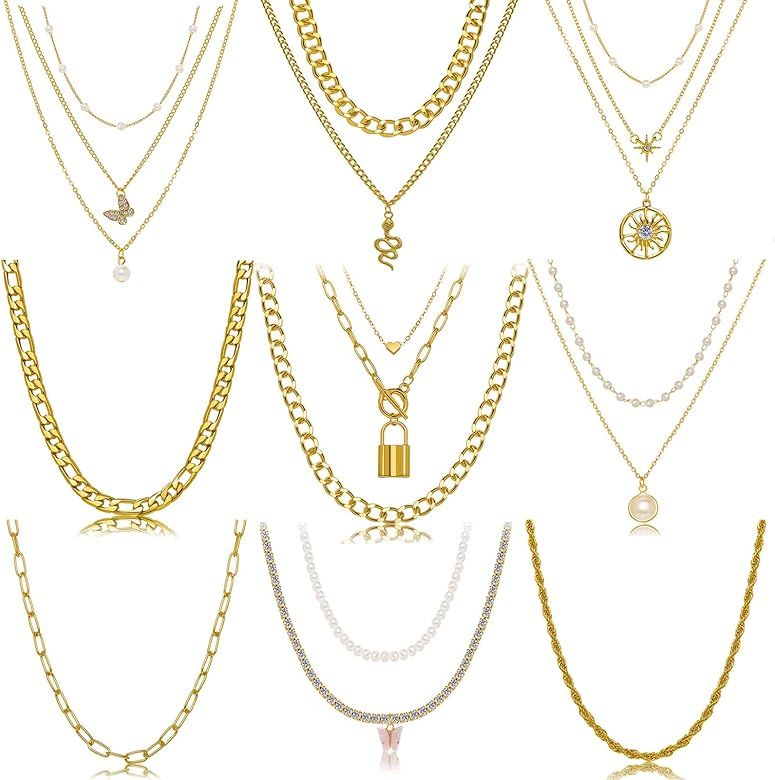 9PCS Gold Layered Chain Necklace for Women Girls, Gold Necklace Set,Y Pendant Necklaces, Pearl Ch... | Amazon (US)