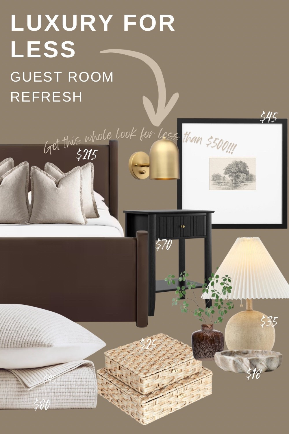 Creating a designer-looking guest bedroom doesn’t have to be expensive. This warm neutral guest room refresh is under $500 and includes an upholstered bed, modern black nightstand, brass wall sconce, pleated table lamp, framed artwork, layered bedding, woven storage baskets, and neutral decor accents.

Perfect for anyone looking for:
• Affordable bedroom furniture
• Neutral guest room ideas
• Organic modern bedroom decor
• Budget-friendly home styling
• Luxury look for less furniture finds

These pieces create a cozy, elevated guest bedroom that feels like a boutique hotel without the luxury price tag.

Shop the full guest room refresh here 🤎#GuestBedroomIdeas #NeutralBedroomDecor #AffordableHomeDecor #LuxuryForLess

#LTKHome