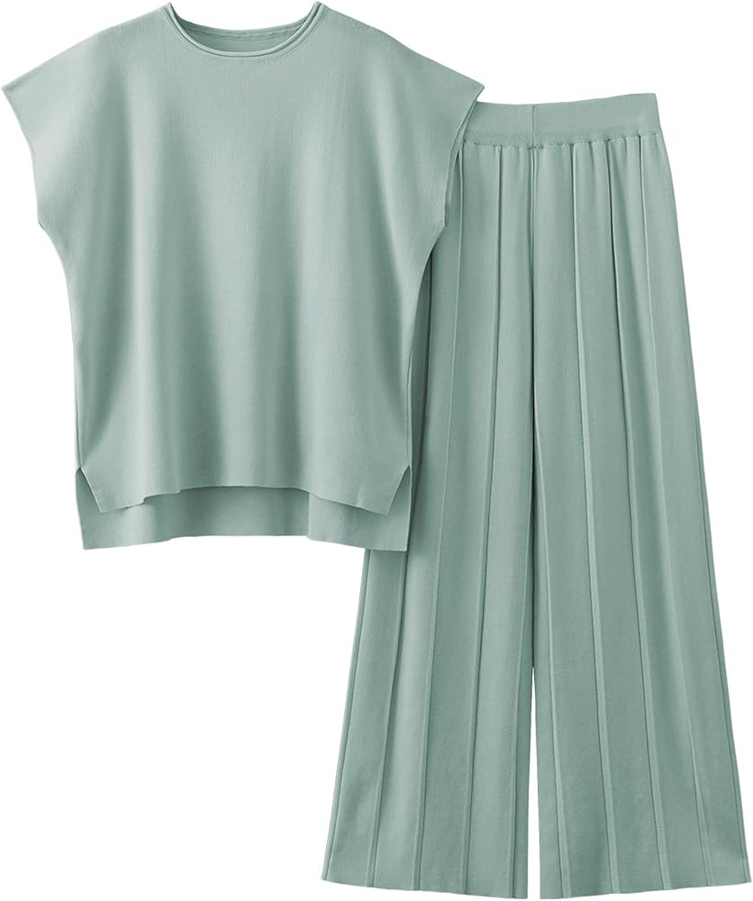 Womens 2 Piece Outfits Knit Pullover Short Sleeves Tops Wide Leg Pant Crochet Sets Sweatsuits | Amazon (US)