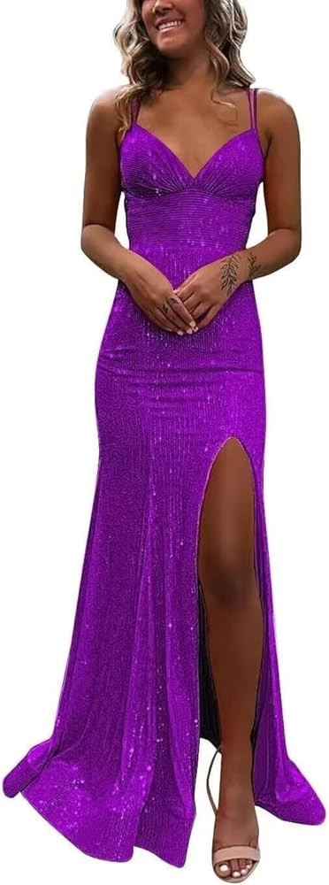 Spaghetti Strap Sparkly Sequin Mermaid Prom Dress with Slit Long Corset Formal Dress Evening Gown... | Amazon (US)