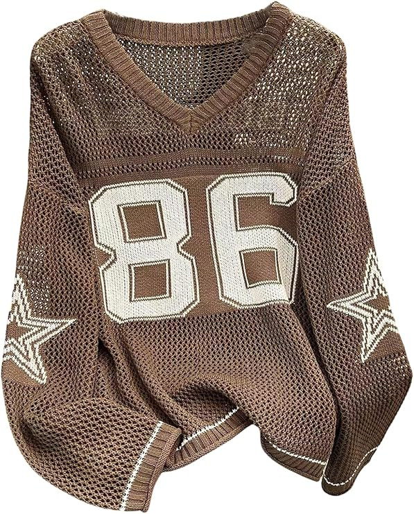 Floerns Women's Oversize Number Sweater Casual Hollow Out V Neck Street Pullover Top | Amazon (US)