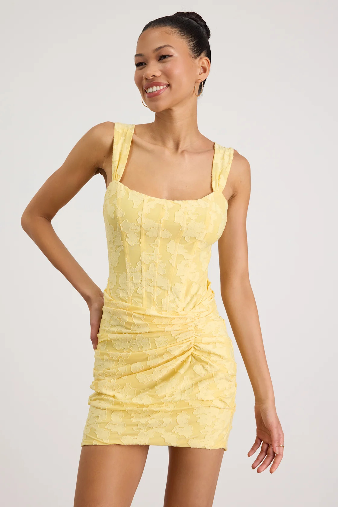 Celeste Light Yellow Floral Burnout Bustier Mini Dress | Lulus