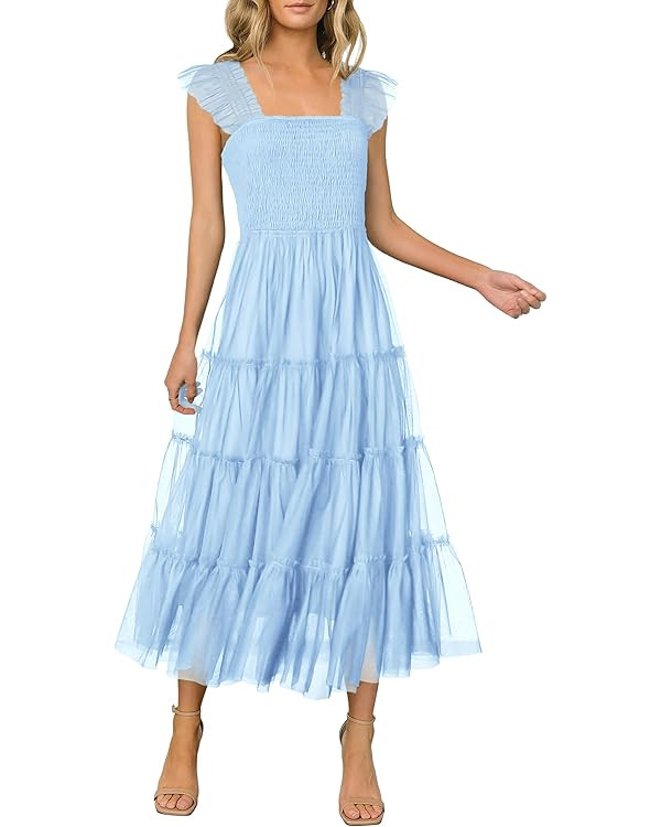 PRETTYGARDEN Women's 2024 Summer Midi Dress Casual Sleeveless Smocked Ruffle Tulle Flowy Beach Su... | Amazon (US)