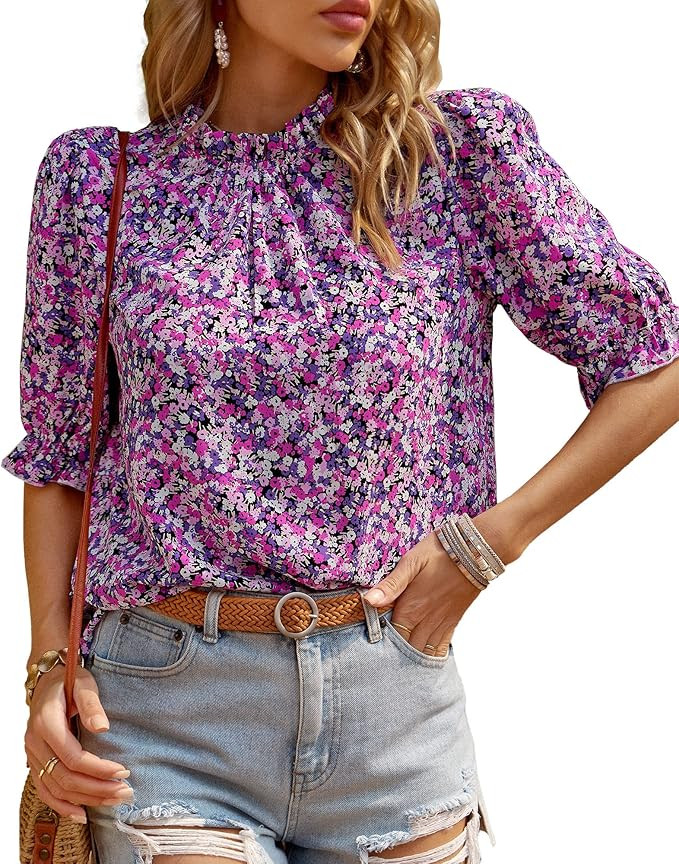 BTFBM Women's Summer Boho Shirt Top Ruffle Short Sleeve Frill Trim Mock Neck Floral Solid 2024 Ca... | Amazon (US)
