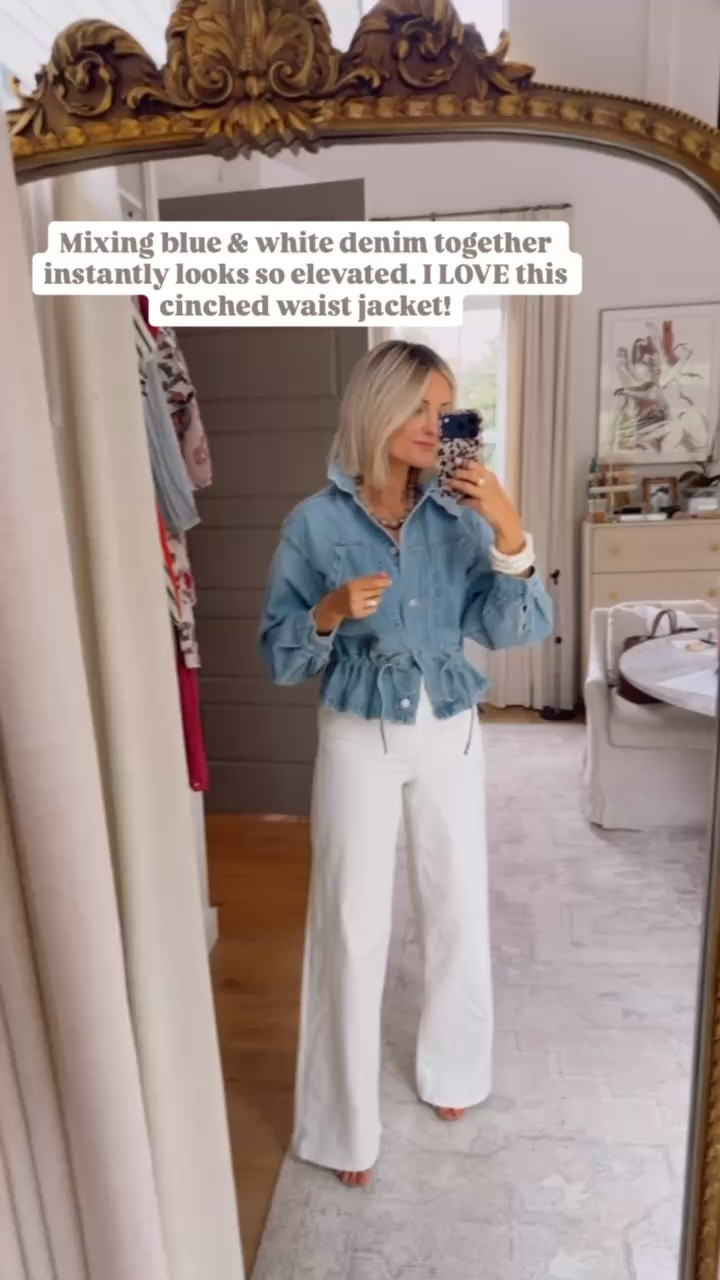 I can’t get over how elevated these pieces look, and how they are so affordable!  Love this look for going to dinner! Wearing XS in jacket, S in tee, & 4 in the jeans! Loverly Grey, spring outfit, dinner outfit, wide leg jeans, white jeans, denim jacket

#LTKSeasonal #LTKootd