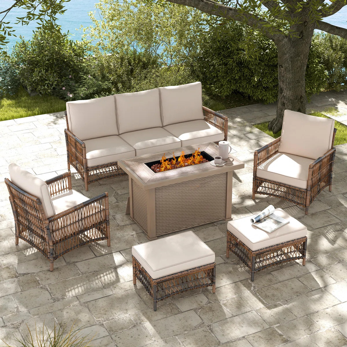 Bay Isle Home™ Alycee 7-Person Outdoor Wicker Patio Set with Fire Pit Table & Reviews | Wayfair | Wayfair North America