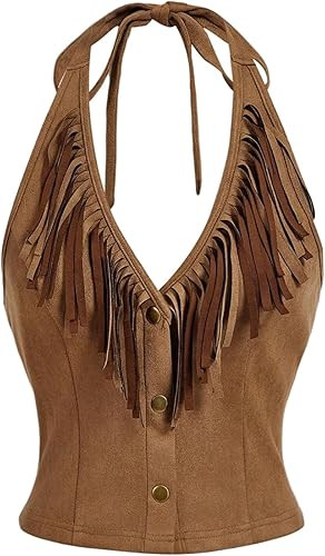 MakeMeChic Women's Suede Fringe Halter Crop Tops Tie Backless Button Down Western Cowgirl Top | Amazon (US)