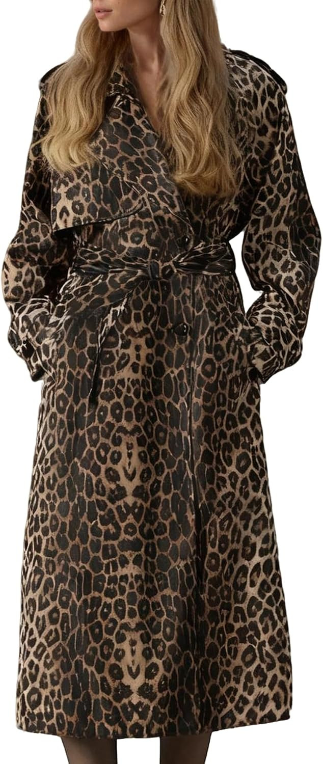 Women Trench Coat Long Double-Breasted Windproof Jacket with Belt | Amazon (US)