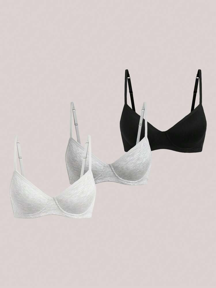 Veilyse 3Pcs Solid Seamless Push Up Bras --Three-Breasted Adjustable Shoulder Straps Underwire Br... | SHEIN