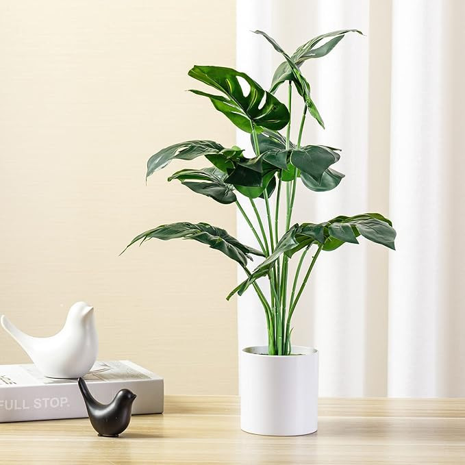 MyGift 20-inch Tall Artificial Garden Monstera Plant in Modern White Planter Pot, Fake Tropical P... | Amazon (US)