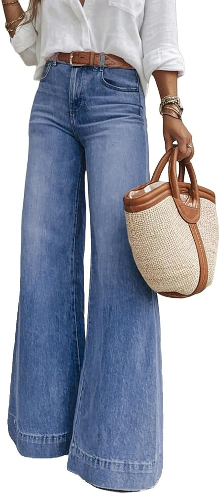 SHEWIN Flare Jeans for Women Wide Leg High Waisted Strechy Loose Casual Denim Pants with Pockets | Amazon (US)