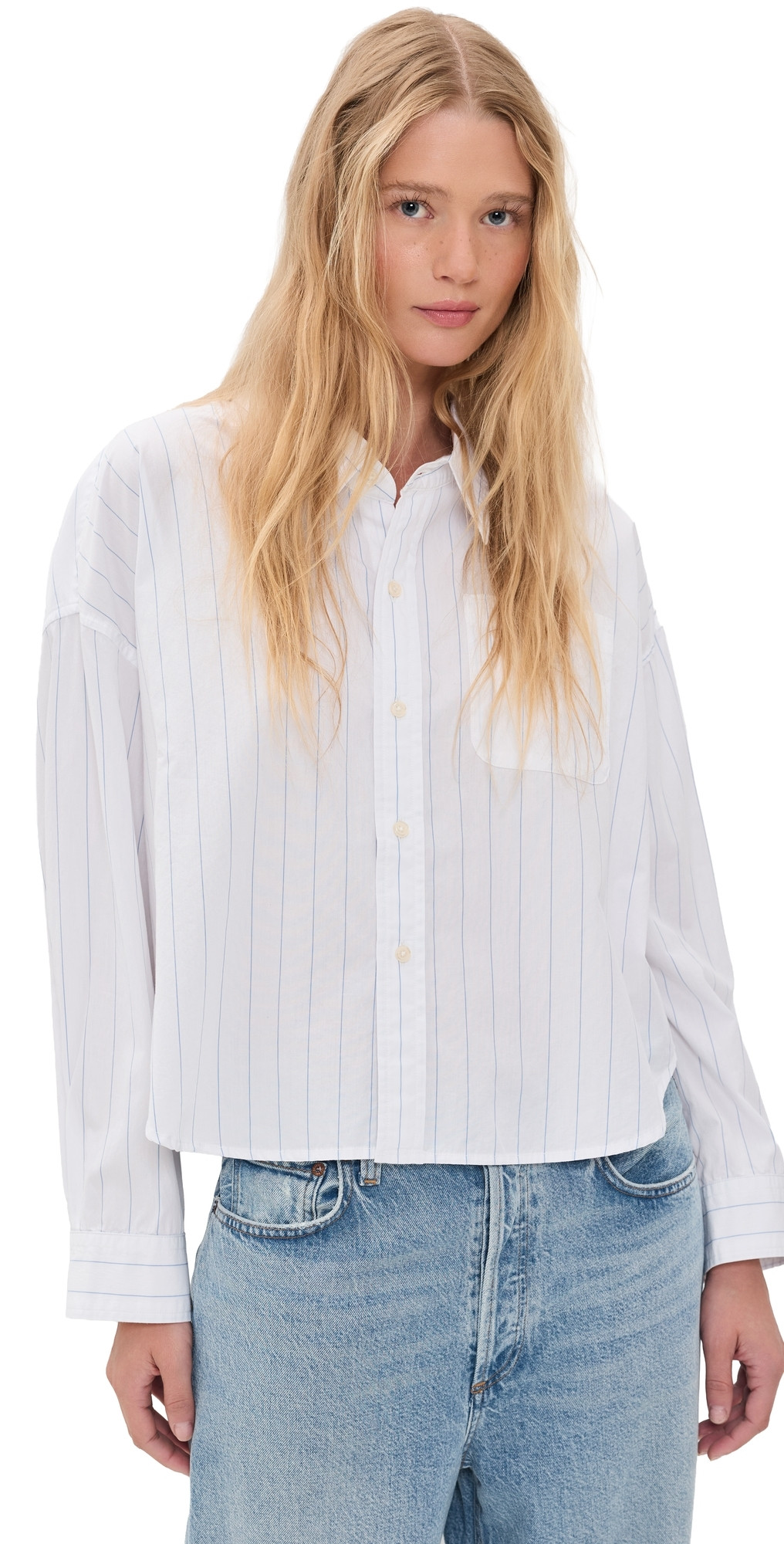Denimist Bailey Cropped Button Down Shirt Light Blue Wide Pinstripe S | Shopbop