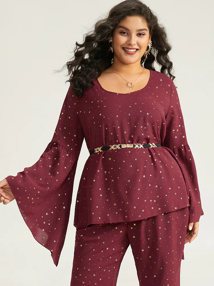 Halloween Star Glitter Bell Sleeve Asymmetrical Cuffs Blouse | Bloomchic