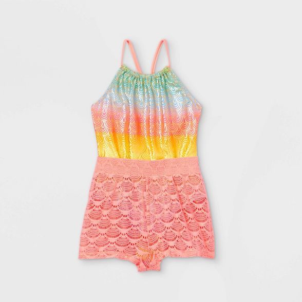 Girls' Gradient Scale One Piece Swimsuit with Cover Up Crochet Shorts - Cat & Jack™ | Target