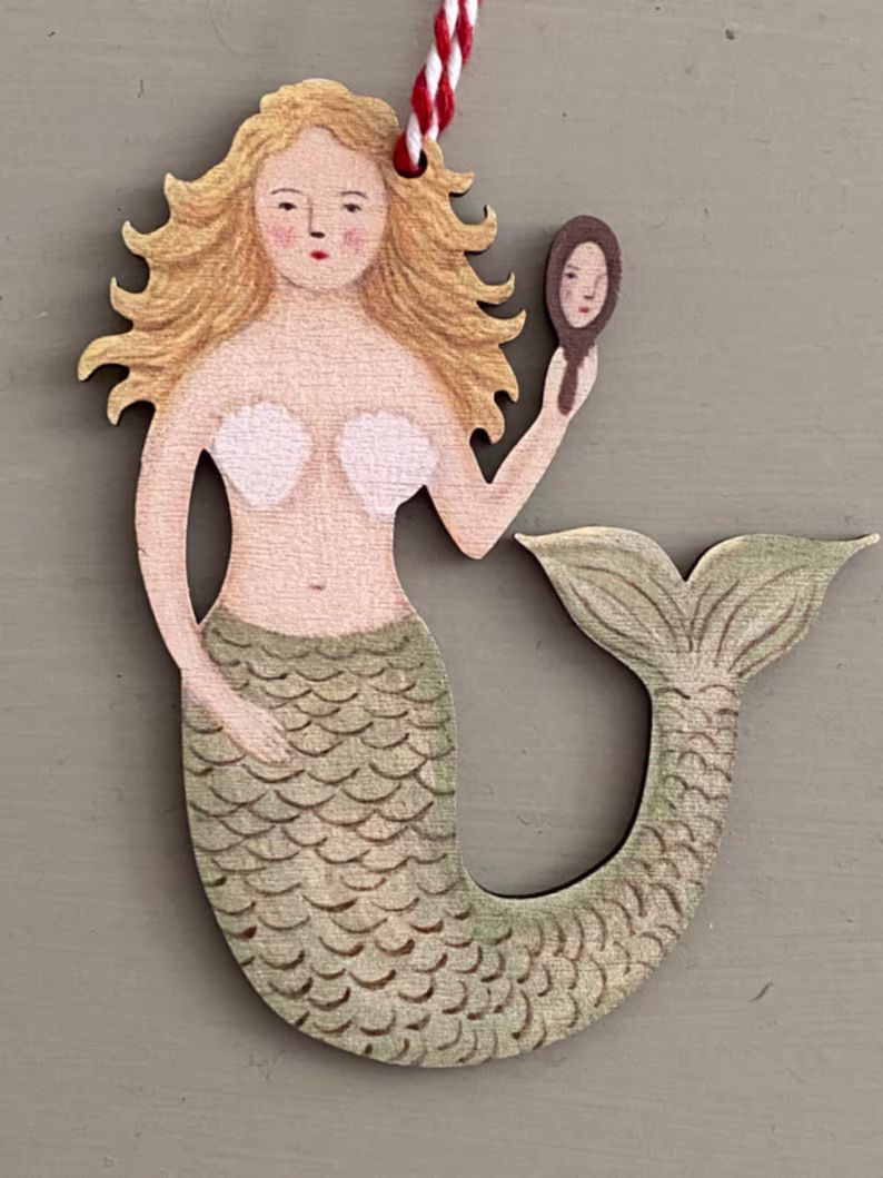 Mermaid with Mirror 3mm birch plywood decoration (printed both sides) from an original painting b... | Etsy (US)