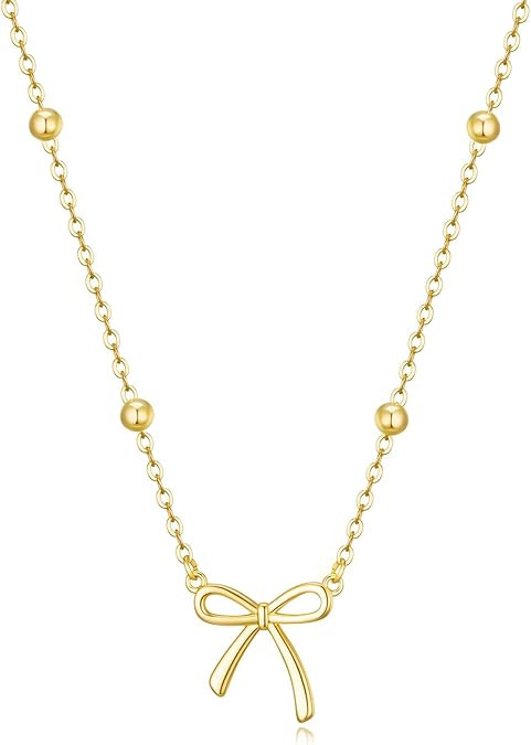 Easter Basket Stuffers - Dainty Bow Necklace for Women 14K Gold Plated Cute Choker Small Pendant ... | Amazon (US)
