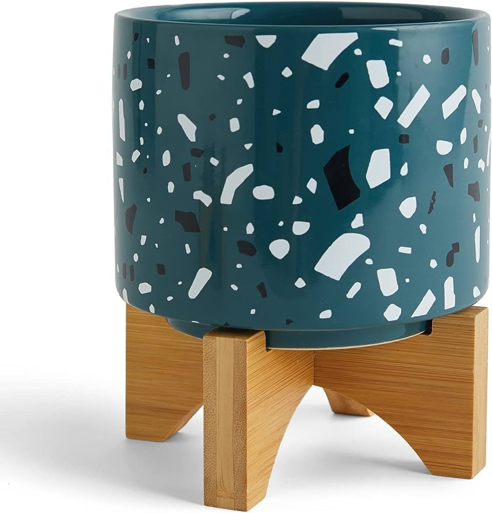 TENGSAN Ceramic Planter Pot with Bamboo Stand, 5.1 Inch Cute Ceramic Terrazzo Pattern Flower Pot ... | Amazon (US)