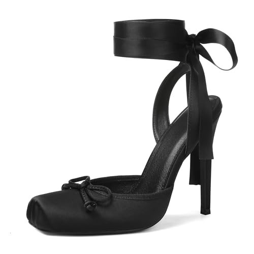Celbreez Ballet Heels Satin Stiletto Heels for Women Close Square Toe Slingback Bow Lace Up High Black Heel Women's Pumps Strappy Mary Jane Ballerina Heel Party Wedding Cute Shoes | Amazon (US)