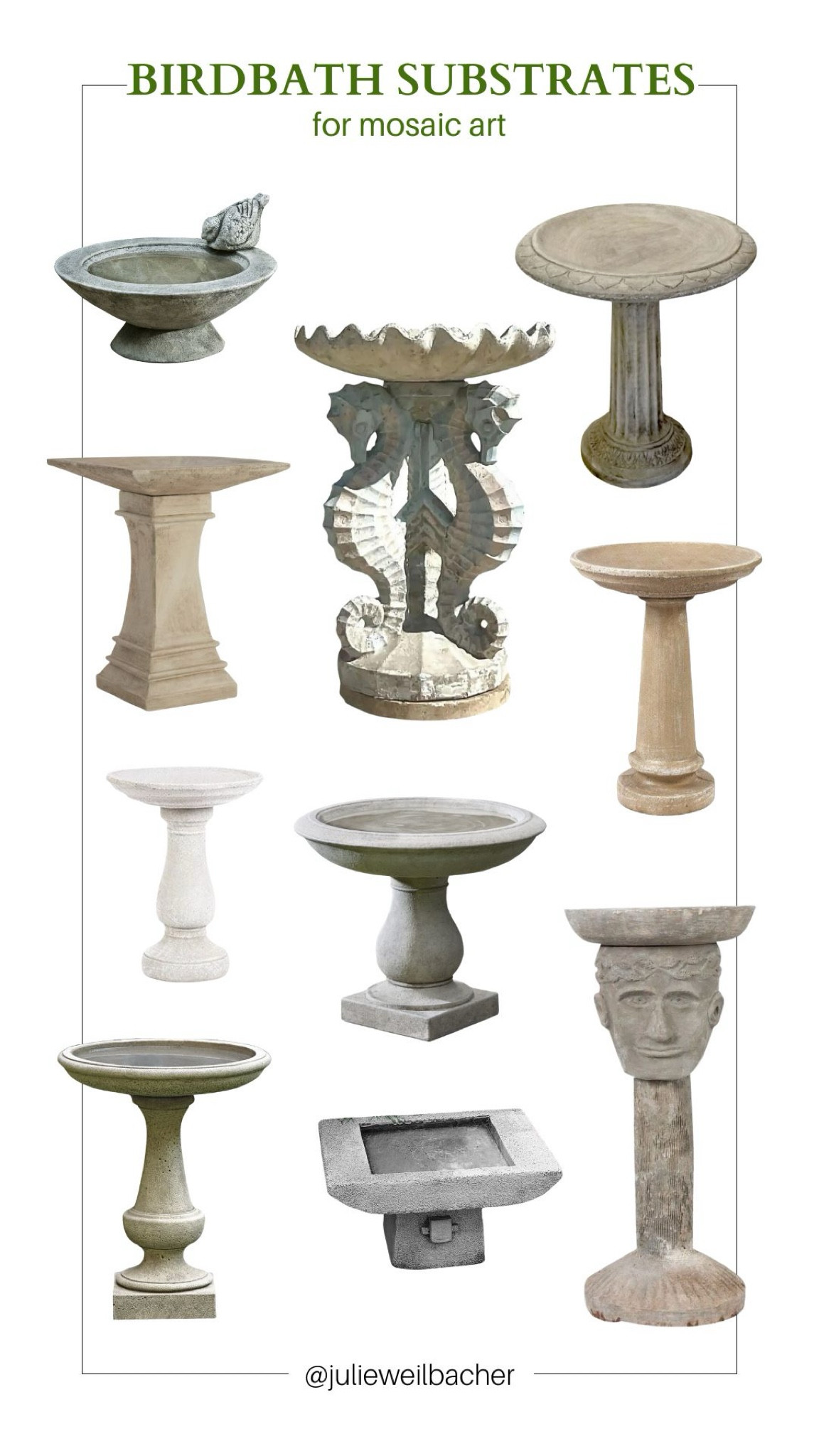 Imagine one of these beauties in the center of your beloved garden. 🐦‍⬛ Then imagine your birdbath covered in mosaic art. 🐦‍⬛ Yes, it’s true! All of these birdbath substrates are acceptable to use in mosaic art. 🐦‍⬛ Tip: use a cement-based adhesive with your mosaic tesserae for best results! 🐦‍⬛ For mosaic tips, tutorials, inspiration, and so much more please visit my YouTube channel: YouTube.com/julieweilbacher. Follow @julieweilbacher on Instagram for all things mosaic art. birdbath - gardening - garden art - mosaic - yard art - garden accessories - outdoor mosaics - cement birdbath - cement garden decor 


#LTKHome #LTKSeasonal