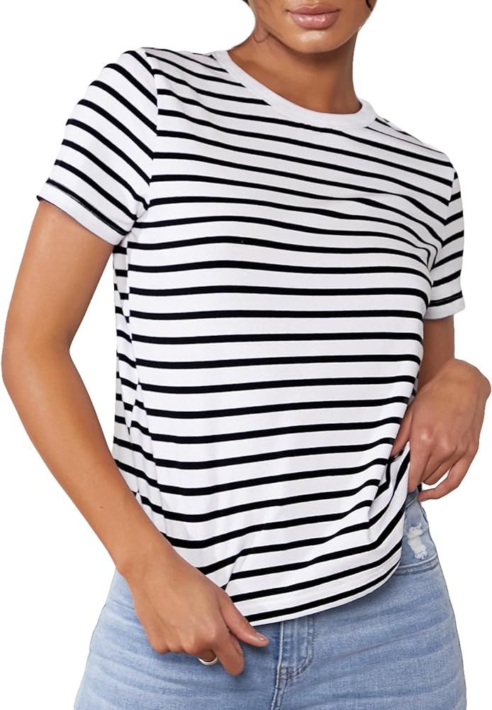 Floerns Women's Striped Print Casual Short Sleeve Round Neck Tee Shirt Top | Amazon (US)