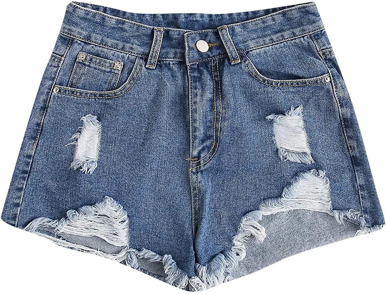 SweatyRocks Women's Summer Denim Shorts Frayed Raw Hem Jeans Shorts | Amazon (US)