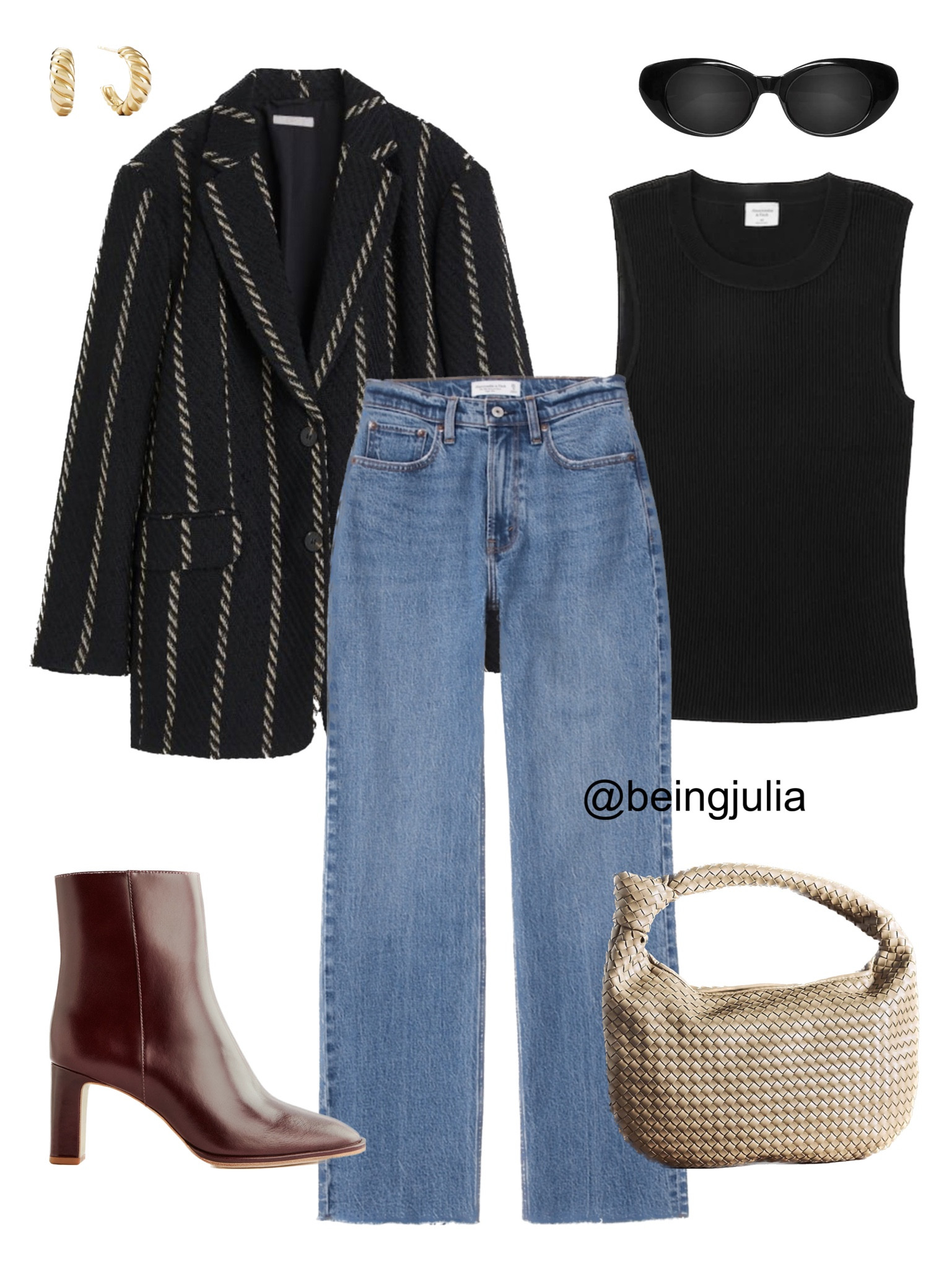 Fall outfit inspiration - details below:

-Oversized, single-breasted jacket in woven fabric from H&M. Notched lapels, buttons at front, and welt front pockets with flap. Dropped shoulders, long sleeves, and decorative buttons at cuffs. Vent at back. Lined.
-Slim-fitting tank from Abercrombie in soft sweater-knit fabric, with an elevated ottoman stitch, that makes you feel held in, and a ribbed crew neckline.
-High rise 90s relaxed jeans from Abercrombie. On-trend 90's-style high rise relaxed jeans, that are slim at the top with a wider leg shape, featuring a full-length leg, medium marbled wash and distressed hem.
-Block heel ankle boots from Reformation. Block heel, almond toe, high heel height, ankle shaft.
Tailored two tone leather with glossy effect. This vegetable tanned leather is initially firm but will soften over time.
-Faux leather, slouchy shoulder bag from Anthropologie in a weave pattern and knot detail on the strap. 
-Celine Triomphe 52mm sunglasses in black acetate. 
-Mejuri gold dome hoop earrings. 


#LTKfindsunder100 #LTKstyletip #LTKSeasonal