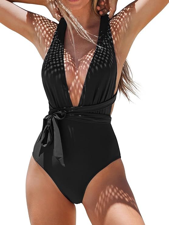 CUPSHE Women's One Piece Swimsuit Sexy Deep V Neck Bathing Suit Crisscross Back Self Tie | Amazon (US)