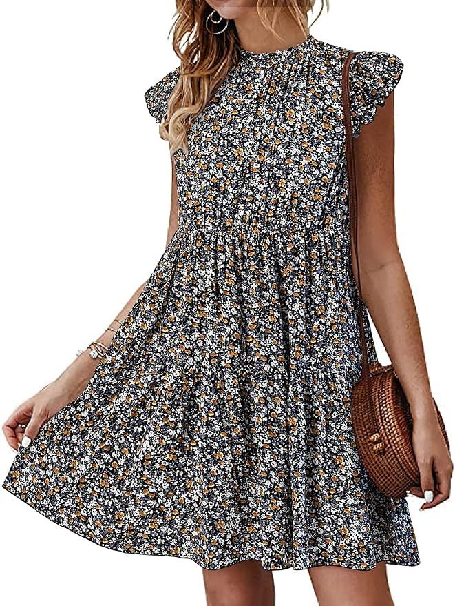 KIRUNDO 2024 Women's Sleeveless Ruffle Sleeve Crew Neck Floral Print Mini Dress Casual Loose Flow... | Amazon (US)