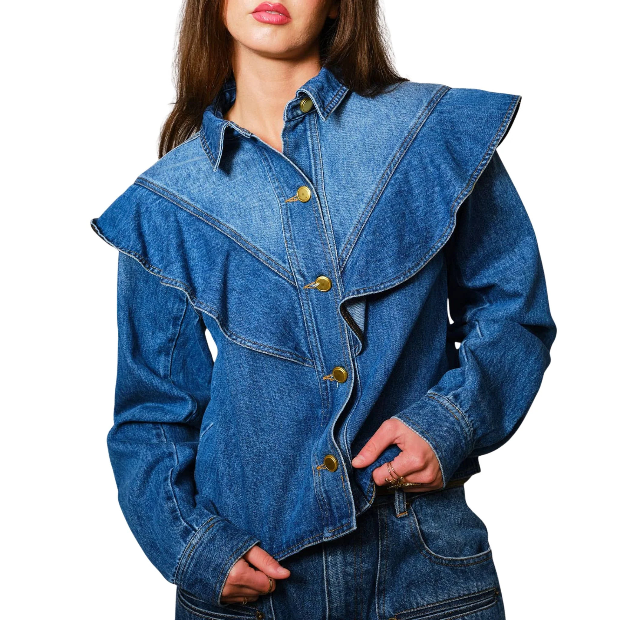 Diagonal Ruffled Long Sleeves Denim Jacket | Christina Greene LLC