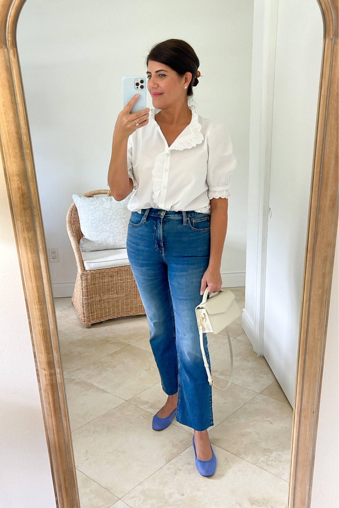 Late summer and early fall outfit: white ruffle top, demi boot jeans, mesh ballet flats, top handle bag

#LTKitbag #LTKshoecrush #LTKstyletip