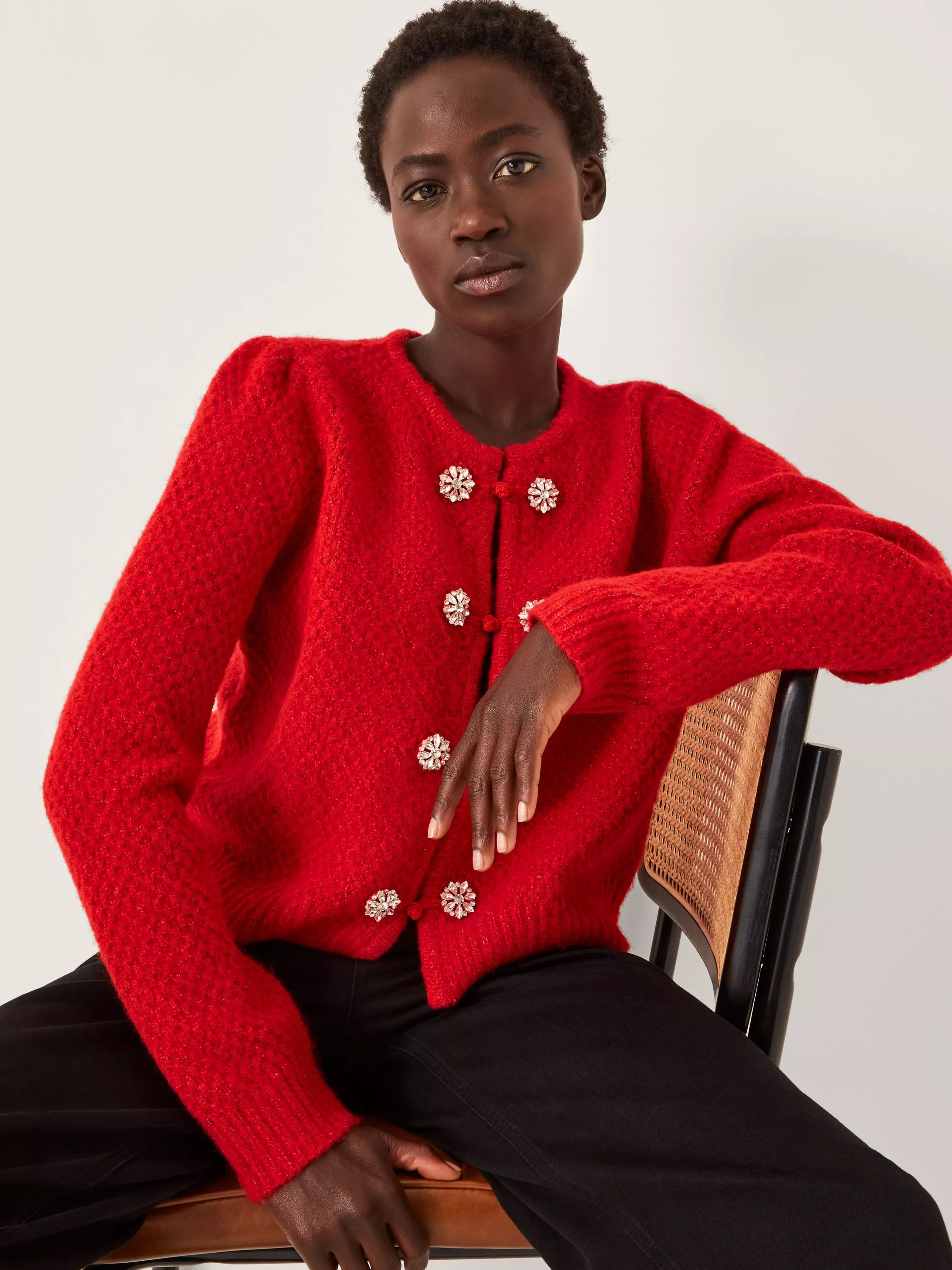 Monsoon Fessa Brooch Cardigan, Red | John Lewis (UK)