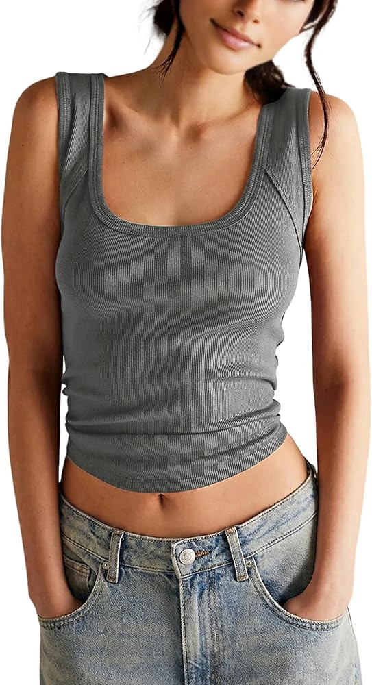 Springrain Women's Sleeveless Scoop Neck Ribbed Tank Tops Lightweight Fitted Cami Tee Shirts | Amazon (US)