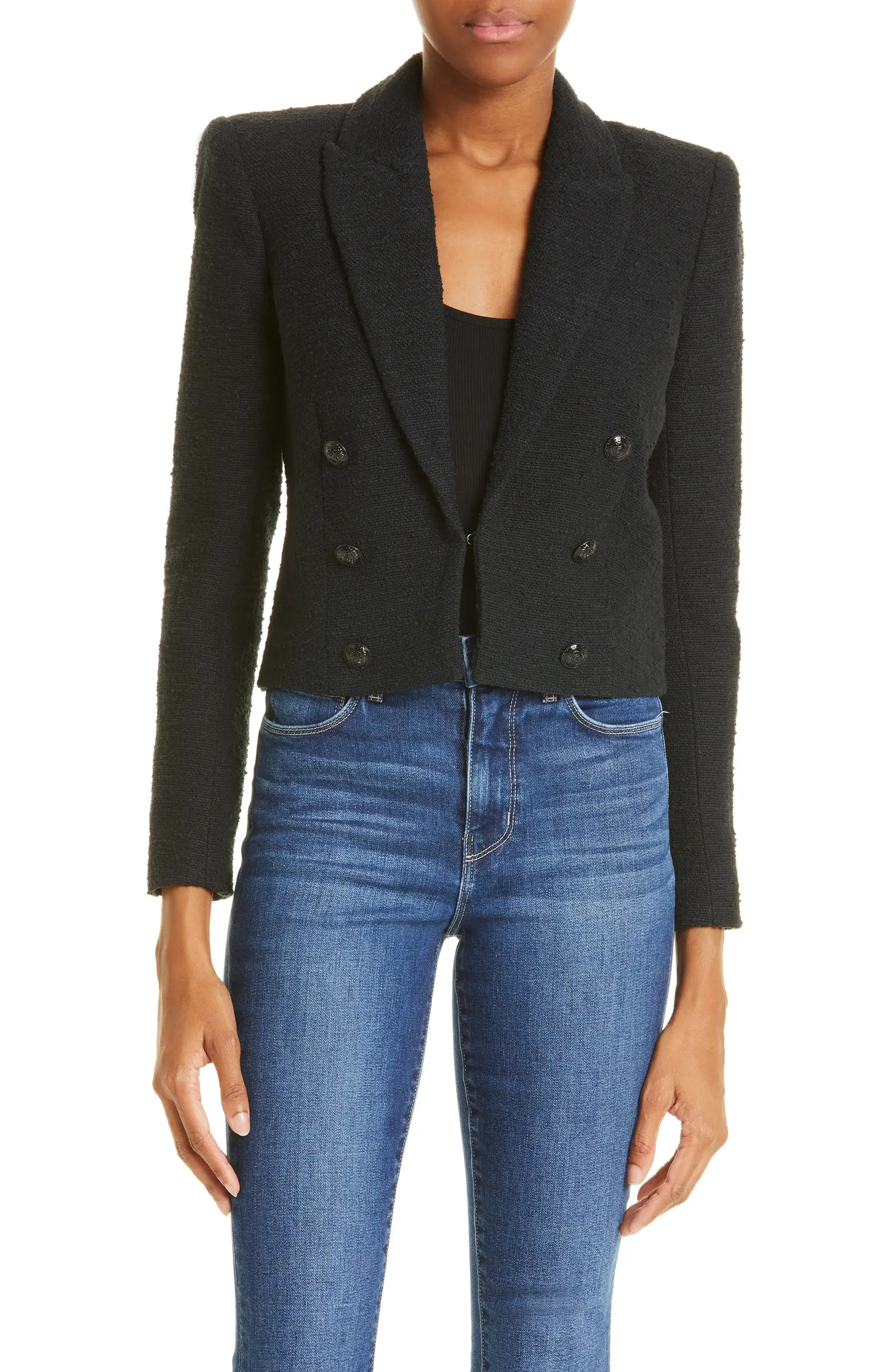 Inez Crop Shoulder Pad Cotton Blend Tweed Blazer | Nordstrom