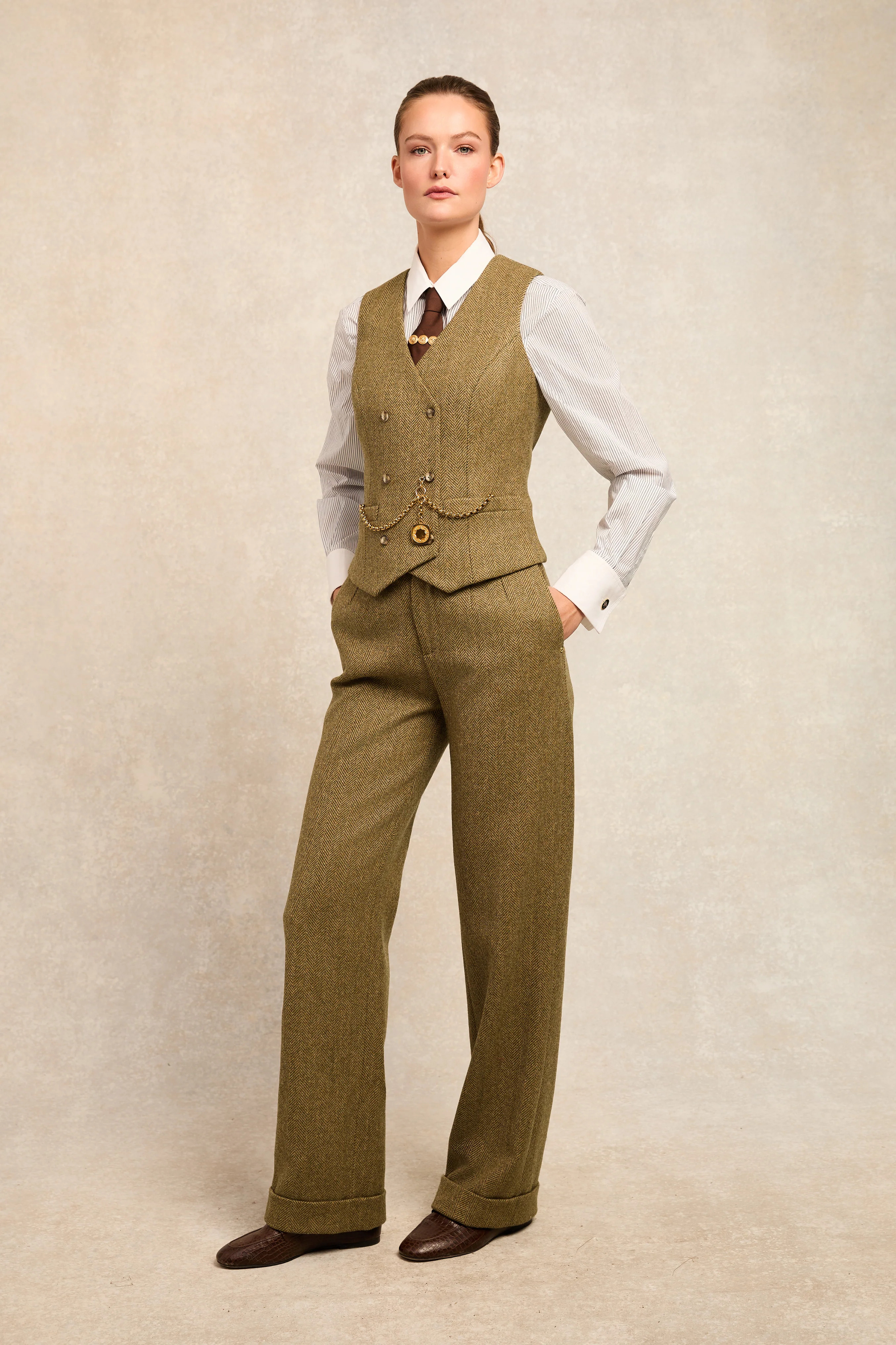 High Waisted Wide Leg Trouser (Moss Herringbone) | Holland Cooper