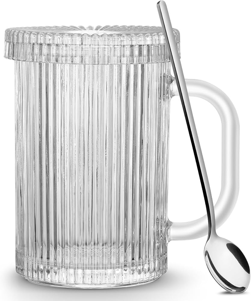 Qipecedm Clear Glass Coffee Mug with Lid, 13 oz Classic Vertical Stripes Coffee Cups, Premium Gla... | Amazon (US)