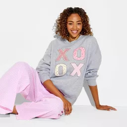 Women's XOXO Fleece Graphic Pullover Sweatshirt - Light Gray | Target