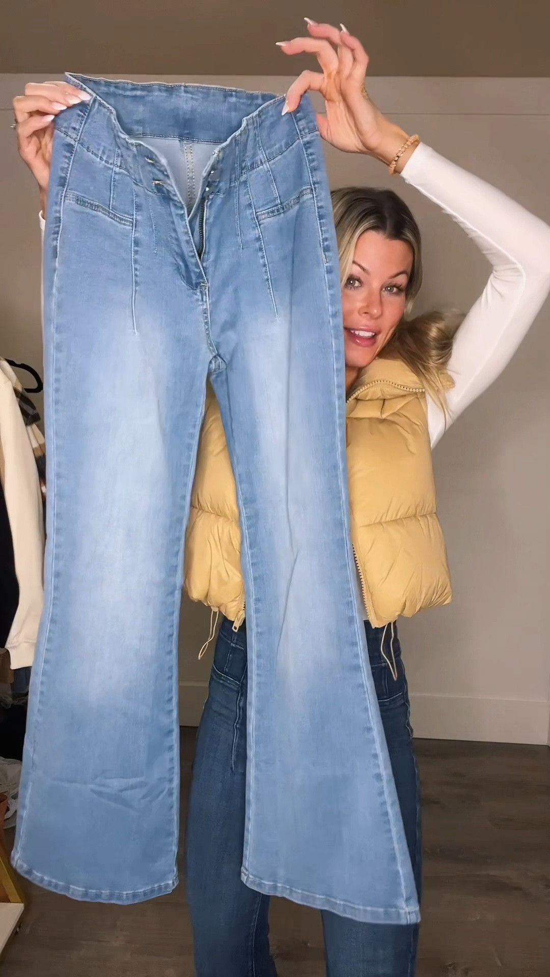 Wearing a size 4 in Amazon dupe. Size 24 in Free People. I wear the regular length in the Free People jeans. Size xs in top and vest.

Jeans for short girls. Free People Jayde jeans dupe. 

#LTKfindsunder100 #LTKover40 #LTKbeauty