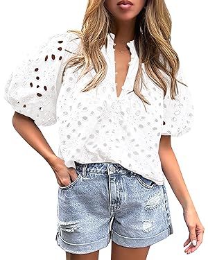 PRETTYGARDEN Women's Summer Tops Dressy Casual Short Lantern Sleeve V Neck Buttons Hollow Out Lac... | Amazon (US)
