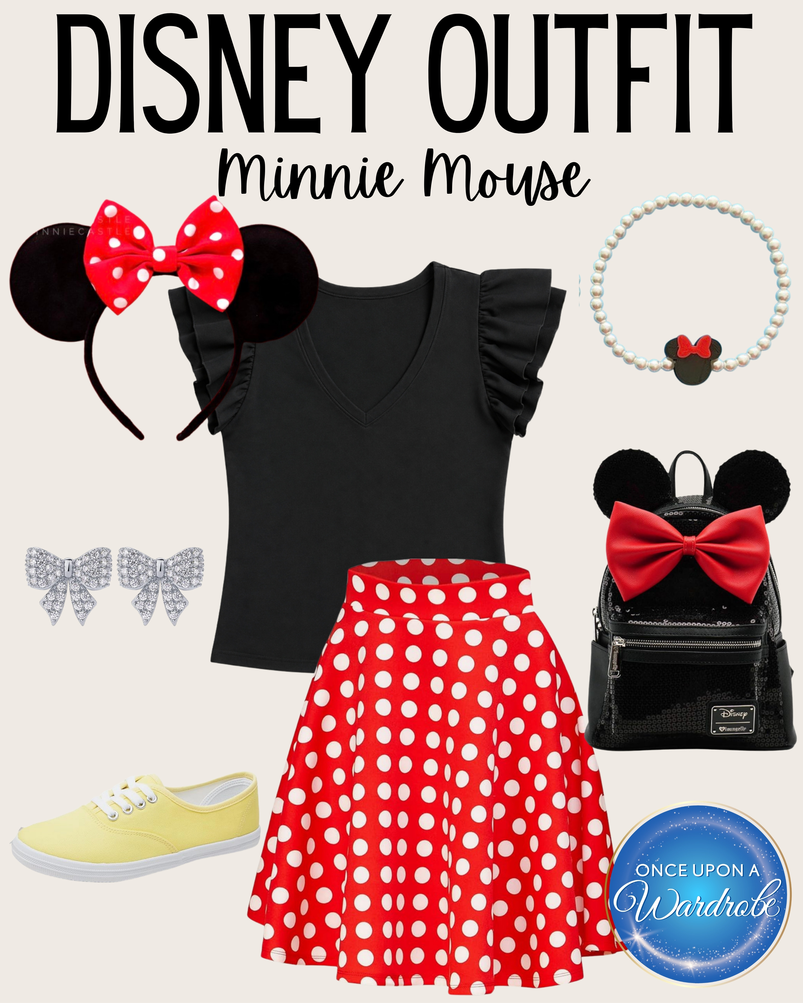 A classic Minnie Mouse Disney outfit for women with red polka dots, a black ruffle top, Minnie ears, and comfy yellow sneakers. Perfect for Magic Kingdom, Disney character photos, Disneybound outfit ideas, or a cute park day look with a little vintage Minnie style. 

 #LTKootd #LTKmomlife #LTKTravel