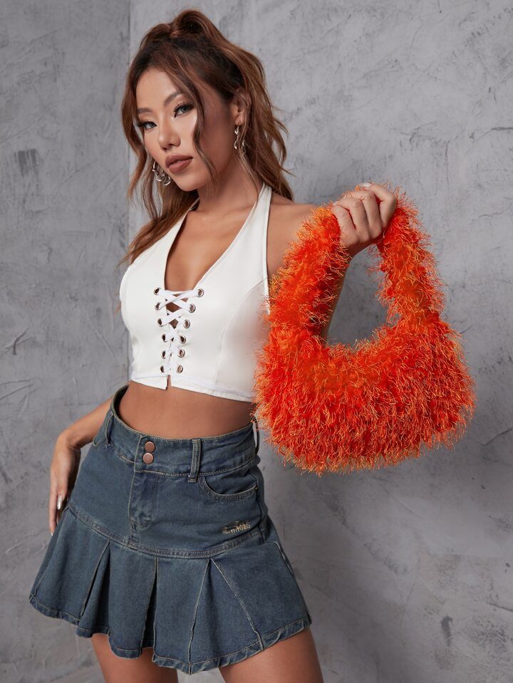 Fuzzy, Soft, Plush Neon Orange Minimalist Fluffy Bag For Girls, Women, College Students, Rookies ... | SHEIN