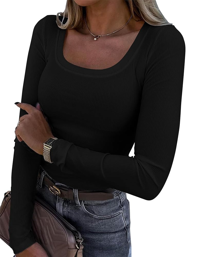 Roselux Womens Long Sleeve Scoop Neck Ribbed Knit Fitted Casual Tops Tee Slim Basic Shirts | Amazon (US)