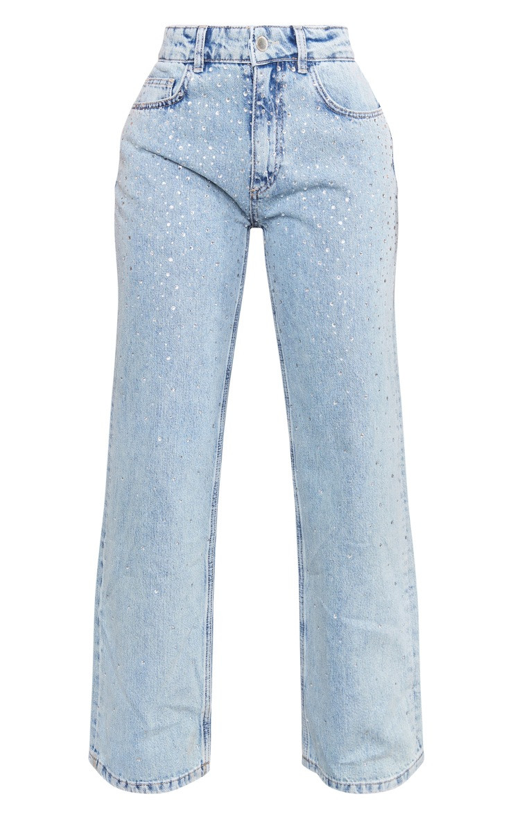Petite Light Blue Wash Diamante Straight Leg Jeans | PrettyLittleThing US
