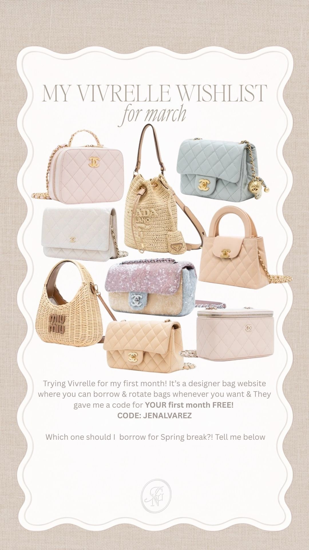 It’s no secret. I’m a fan of designer bags, but there are some that I wouldn’t necessarily purchase and would prefer to borrow and this is perfect for that! 

you can borrow and switch it bags and that gave me a coupon code so that YOU can get your first month FREE! 🤍
Code: JENALVAREZ

#vivrelle #designerbags #springbags #springfashion #chanel #prada #miumiu #ysl #loewe #spring #handbags #purse

#LTKSeasonal #LTKootd #LTKSaleAlert