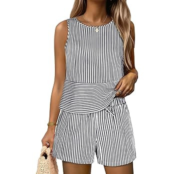 ANRABESS Womens 2 Piece Outfits Striped Summer Casual Sleeveless Tank Top Matching Shorts Lounge ... | Amazon (US)